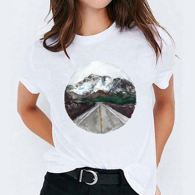 Foreign Trade Color Feather Ink Painting Women'S Printed Short Sleeve T-Shirt