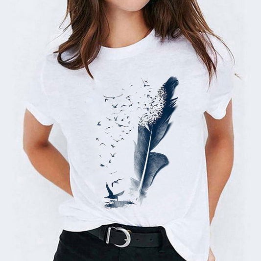 Foreign Trade Color Feather Ink Painting Women'S Printed Short Sleeve T-Shirt