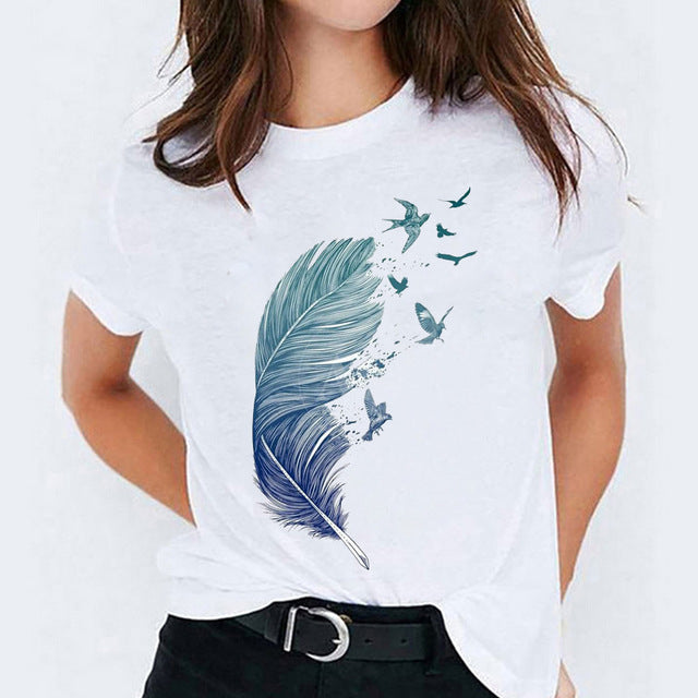 Foreign Trade Color Feather Ink Painting Women'S Printed Short Sleeve T-Shirt