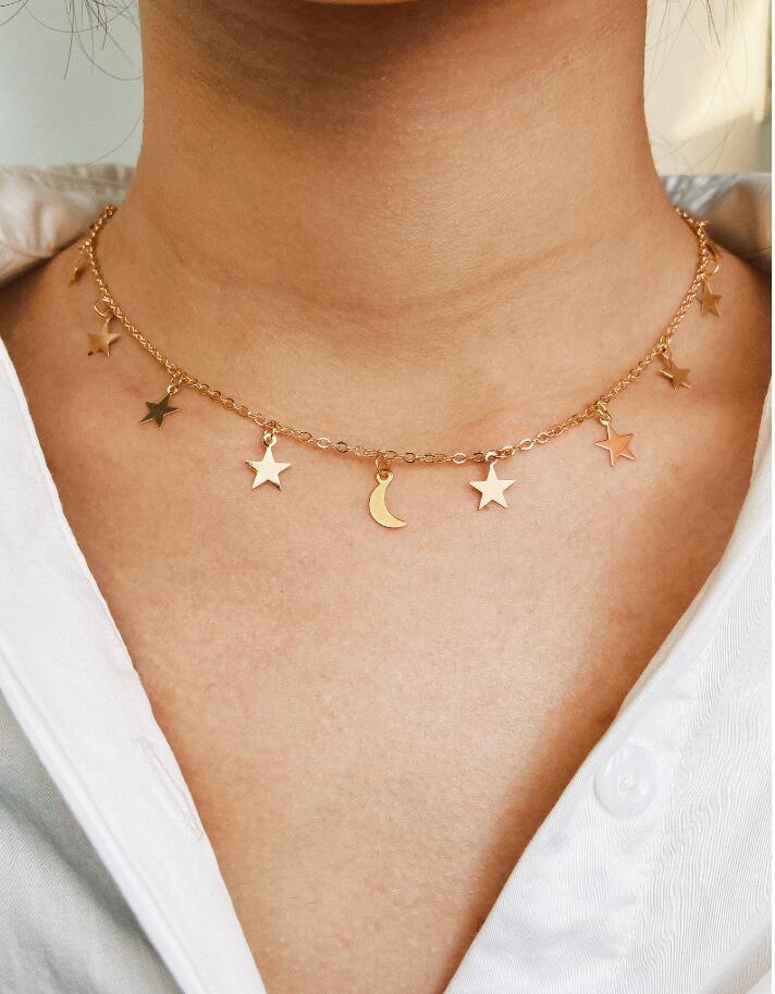 Temperament Clavicle Necklace, Star And Moon Pendant Necklace, Gold