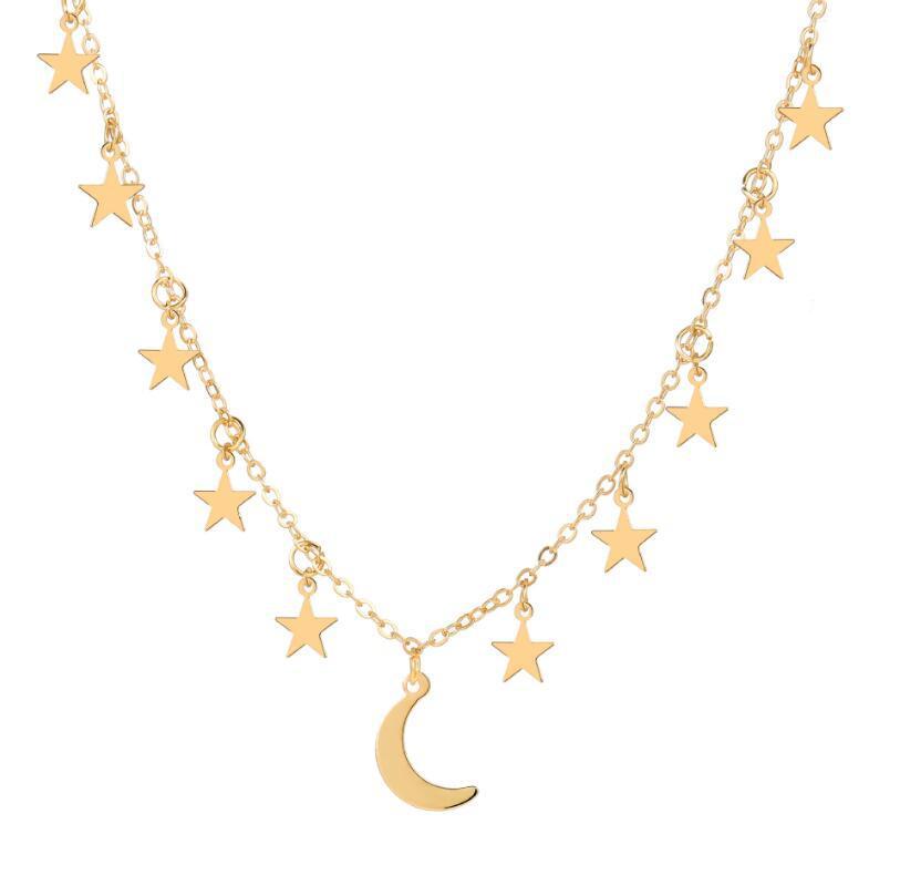 Temperament Clavicle Necklace, Star And Moon Pendant Necklace, Gold