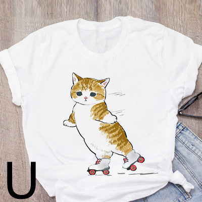 Personalized Cartoon Polite Cat Print Fashion Girlfriend Couple T-Shirt