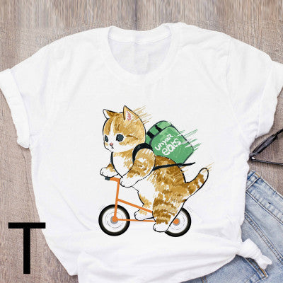 Personalized Cartoon Polite Cat Print Fashion Girlfriend Couple T-Shirt