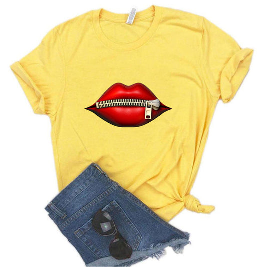 Lips Zipper Short Sleeved T Shirt Men's And Women's Short Sleeved Tops