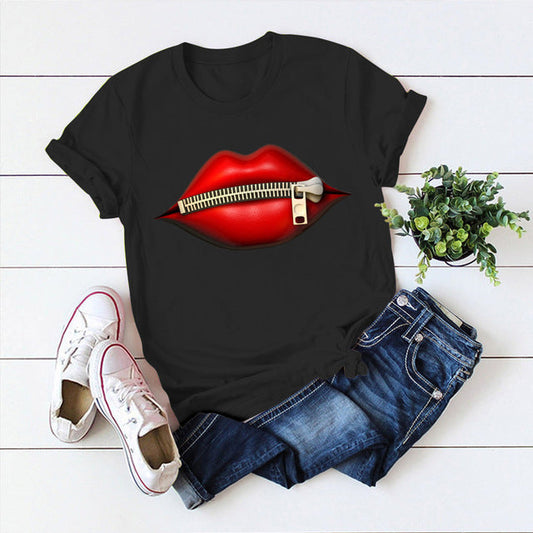 Lips Zipper Short Sleeved T Shirt Men's And Women's Short Sleeved Tops