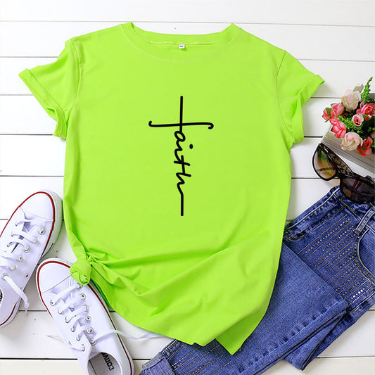 Colorful Fashion Hot Sale Women's Tops Cross Faith Graphic Printed Casual Short Sleeve T-Shirt