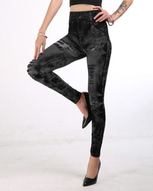 Seamless Fake Ripped Corset Imitation Denim Leggings Women'S Outer Wear High-Waist Printed Pants