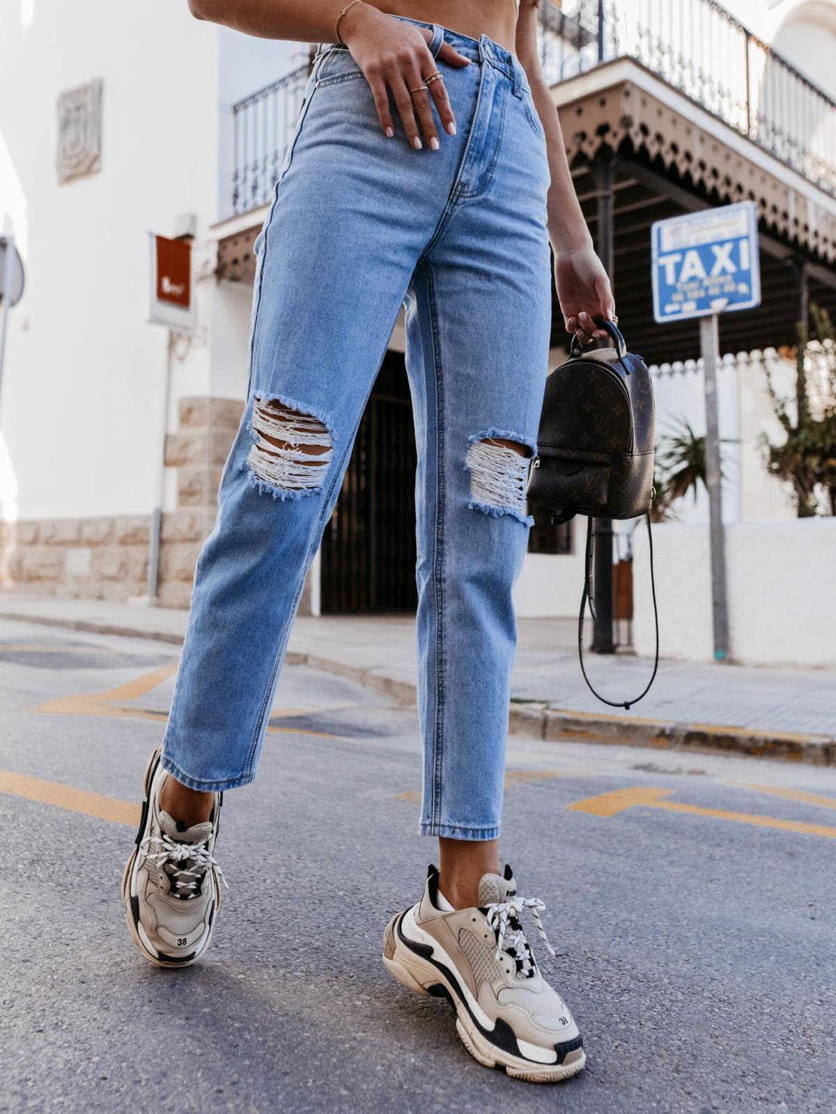 Ripped Washed Straight Leg Pants High Waist Denim Trousers