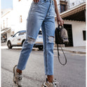 Ripped Washed Straight Leg Pants High Waist Denim Trousers