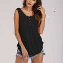 Summer New Solid Color Pleated Sleeveless Casual T Shirt Mid Length Button Vest