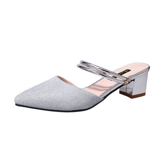 Pointed Toe Cap Frosted Shiny Surface Thick Heel Two-wear Women's Sandals