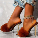 Plating Stiletto High-heeled Rabbit Fur Women Sandals