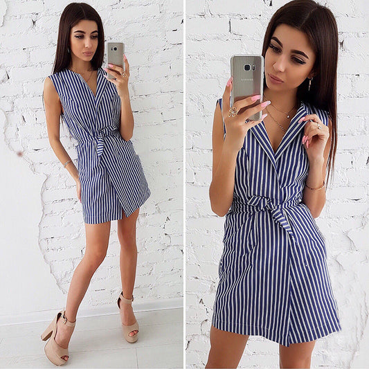 Round Neck Tie Striped Dress Women's Clothing