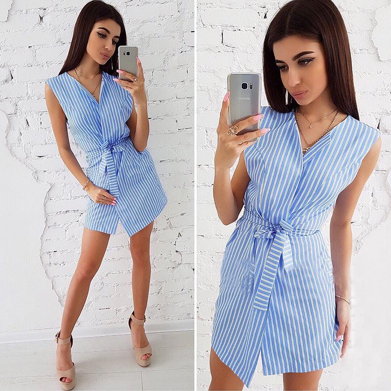 Round Neck Tie Striped Dress Women's Clothing
