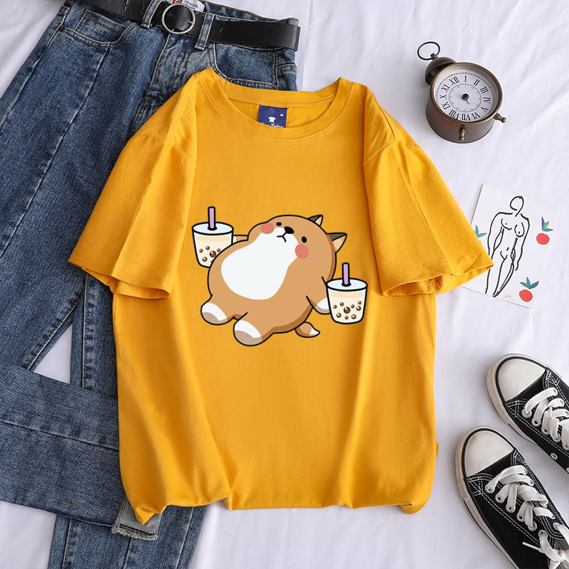 Shiba Inu Drinking Milk Tea Round Neck Short-sleeved Cotton T Shirt