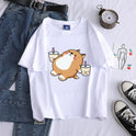 Shiba Inu Drinking Milk Tea Round Neck Short-sleeved Cotton T Shirt