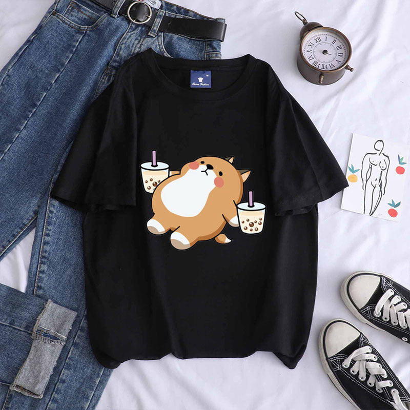 Shiba Inu Drinking Milk Tea Round Neck Short-sleeved Cotton T Shirt