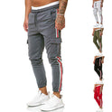 New Style Men's Drawstring Knee Pocket Design Striped Sports Trousers Casual Pants