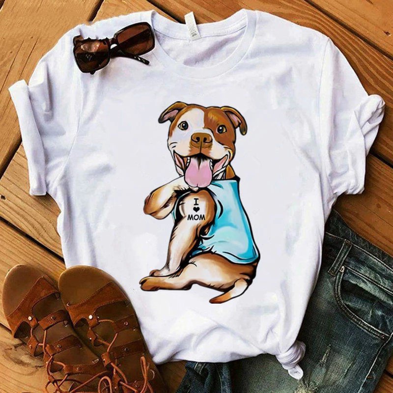 Puppy I Love Mom Print Fashion European And American Women's Round Neck Short Sleeve