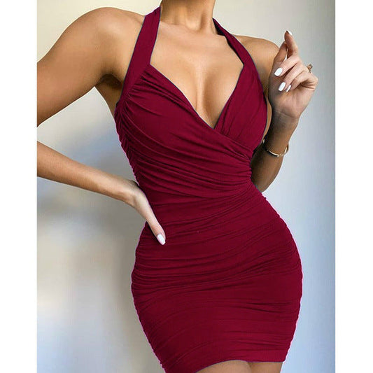 New Fashion Solid Color V-neck Halterneck Dress