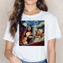 Van Gogh Oil Painting Mona Lisa Spoof Printed T-shirt Women Short Sleeve