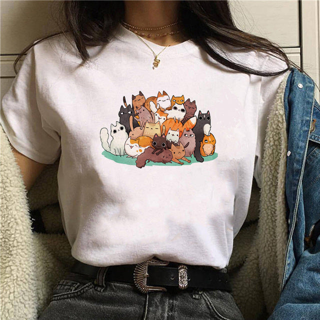 Cartoon Cat Print Ladies Short Sleeve