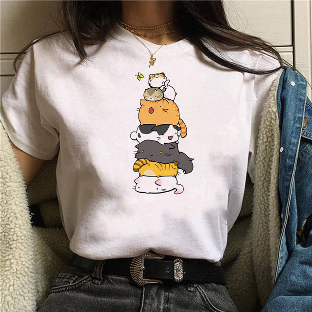 Cartoon Cat Print Ladies Short Sleeve