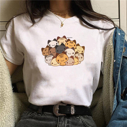 Cartoon Cat Print Ladies Short Sleeve