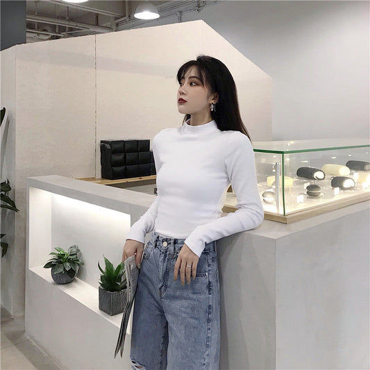 Solid Color Slim Half High Collar Top