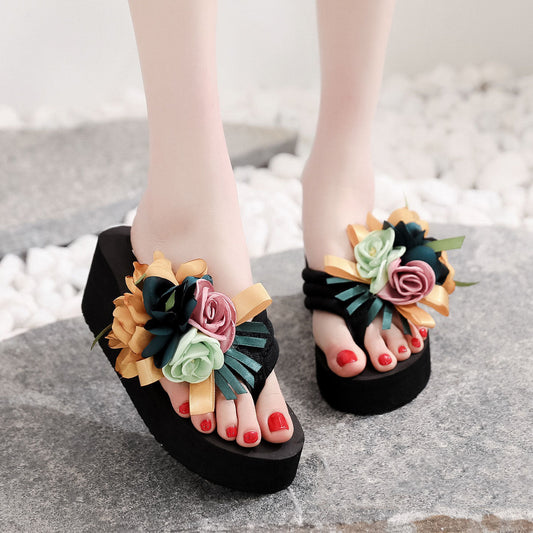 Fashion High-heeled Platform Flip Flops Flower Wedge Beach Shoes