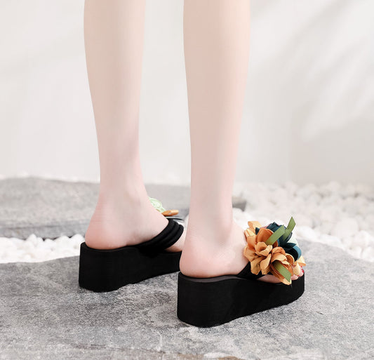 Fashion High-heeled Platform Flip Flops Flower Wedge Beach Shoes