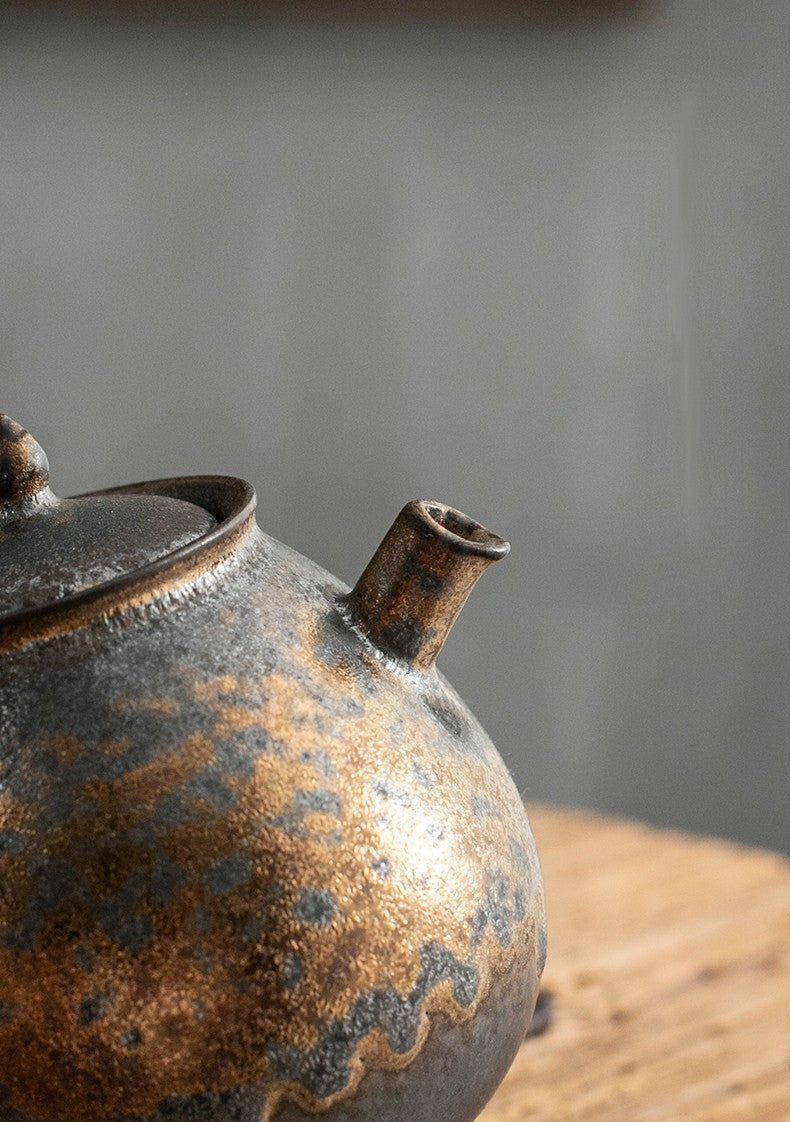 Japanese Style Stoneware Water Drop Teapot Single Pot Handmade Retro Gilt Rust Glaze Teapot