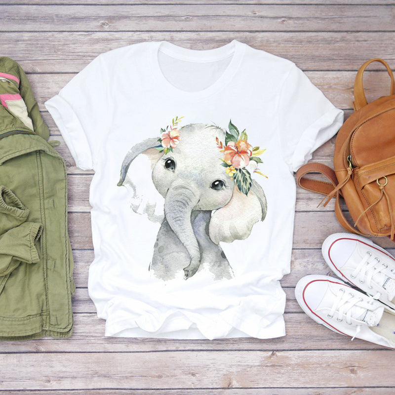 Flower Baby Elephant Print Short-sleeved T-shirt Blouse