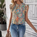 Printed Ruffled Round Neck Short Sleeve Shirt