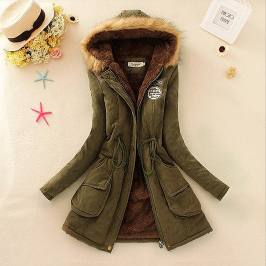 Long Women's Cotton-Padded Jacket With Wool Collar