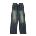 Antique Dark Blue Yellow Mud Color Washed Distressed Straight Jeans