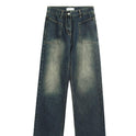 Antique Dark Blue Yellow Mud Color Washed Distressed Straight Jeans