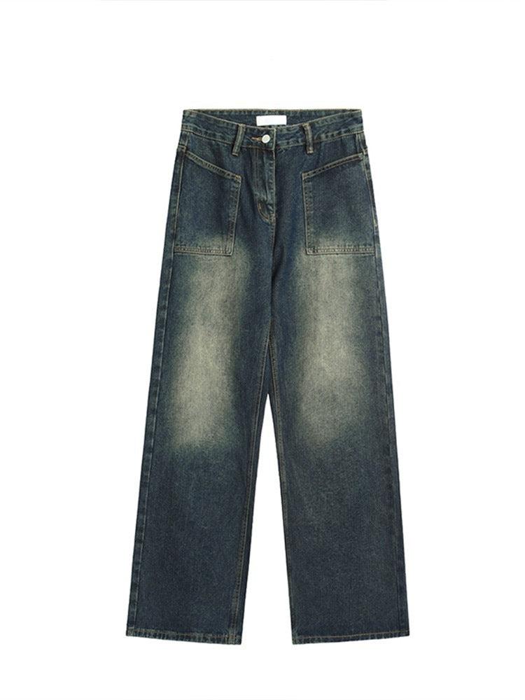 Antique Dark Blue Yellow Mud Color Washed Distressed Straight Jeans