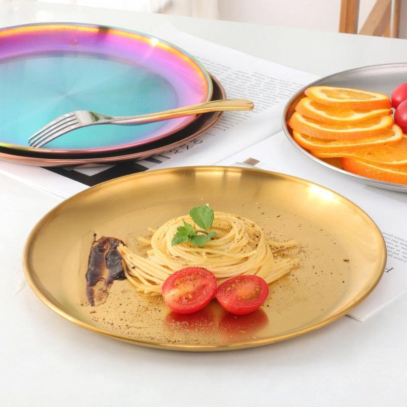 Korean Style Stainless Steel Barbecue Plate Brushed Round Color Fruit Food Plate Tableware