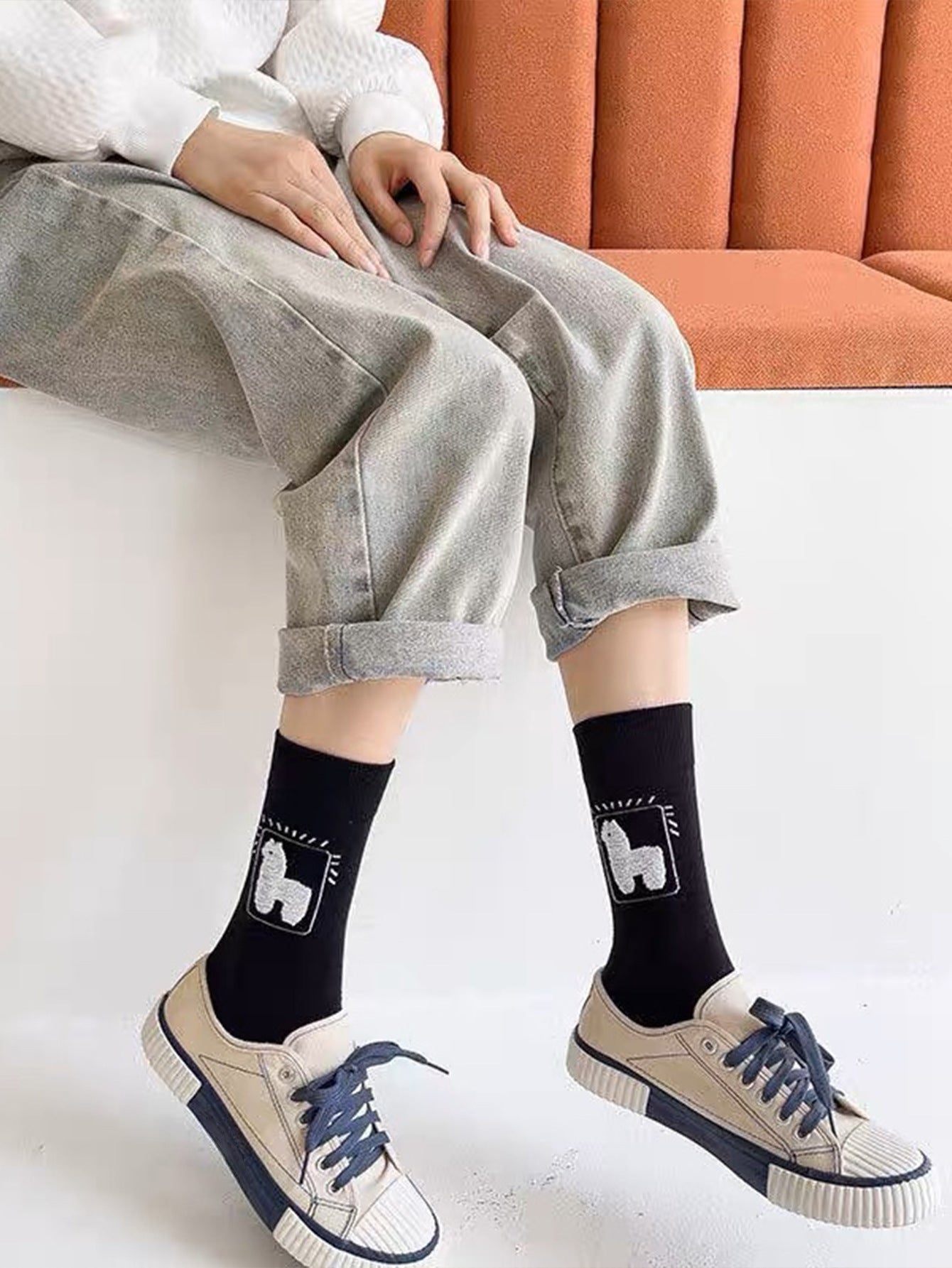 Spring And Autumn Tube Socks Cute Cartoon Black White Gray Alpaca Socks