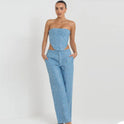 Fashion Denim Sequined Tube Top Wide Leg Pants Suit