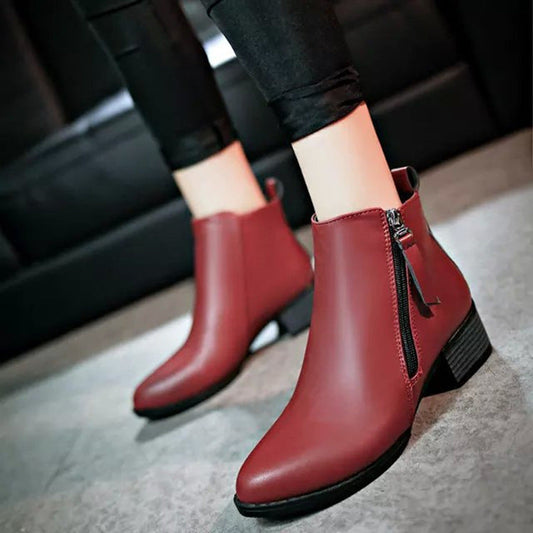 Side zipper pointed toe block heel short boots