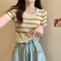 Women's Fashion Striped Knitted Short Sleeve T-shirt Top