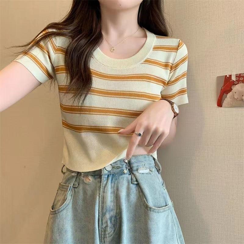 Women's Fashion Striped Knitted Short Sleeve T-shirt Top