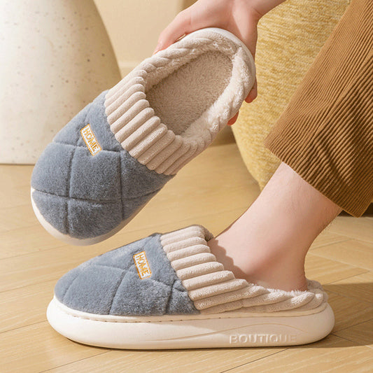 Men's Rhombic Sewing Plush Slippers Winter Warm Non-slip House Shoes For Women Bedroom Floor Home Slipper Couple