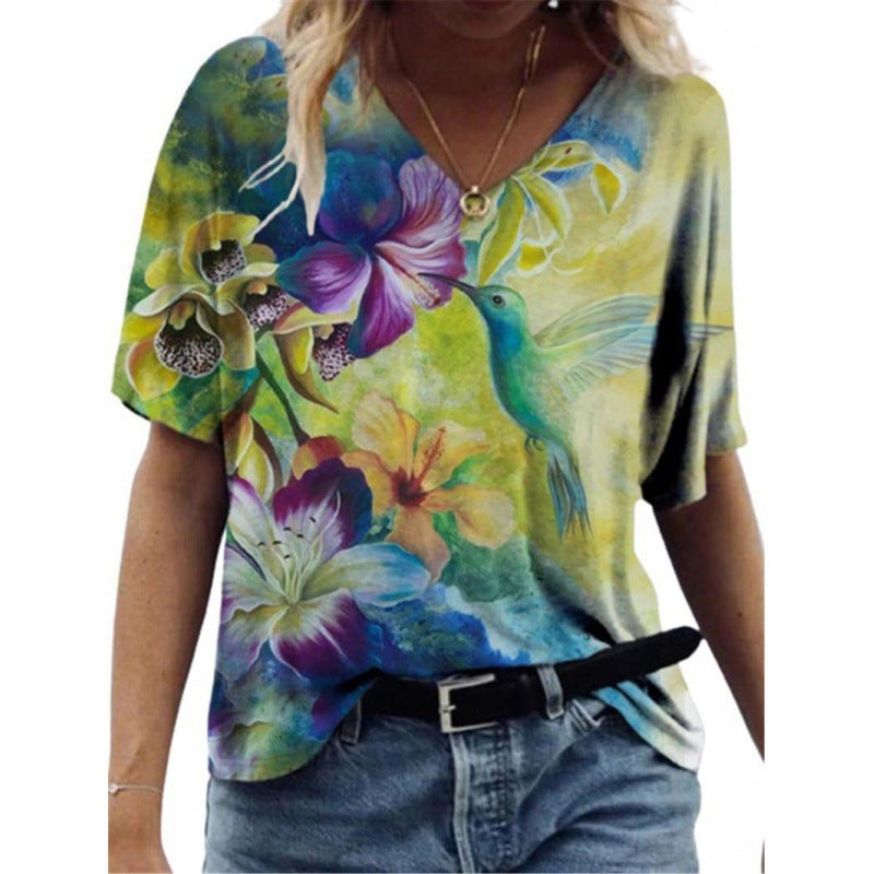 Flower Painting Printed T-shirt For Women