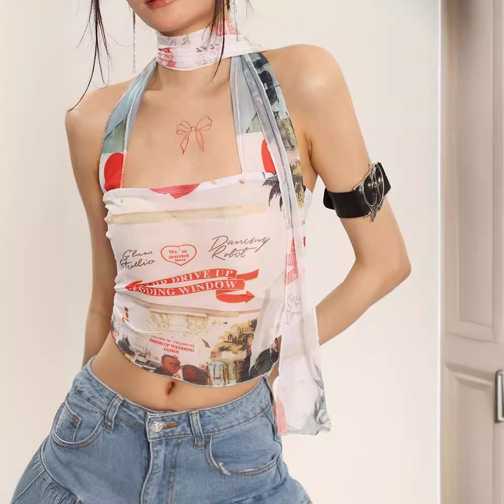 Printed Strapless Tube Top Women's Slim-fit Mesh Top