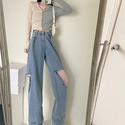 Ripped Jeans Straight High Waist Loose Fitted Flattering