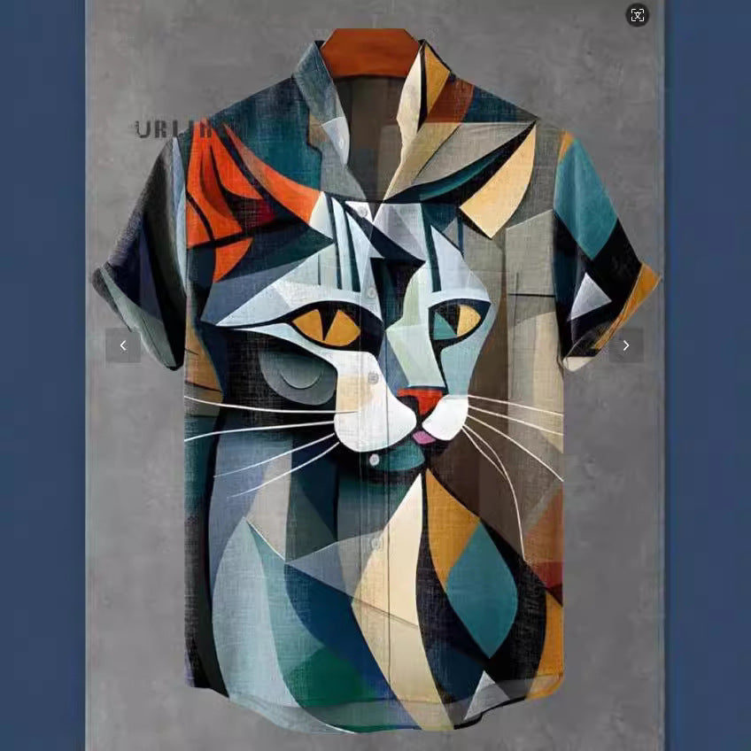 Abstract Pattern 3D Digital Printing Loose Trendy Short Sleeve Stand Collar Cardigan Shirt