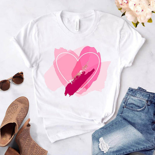 Women's Heart-shaped Flower Print Round Neck Short Sleeve